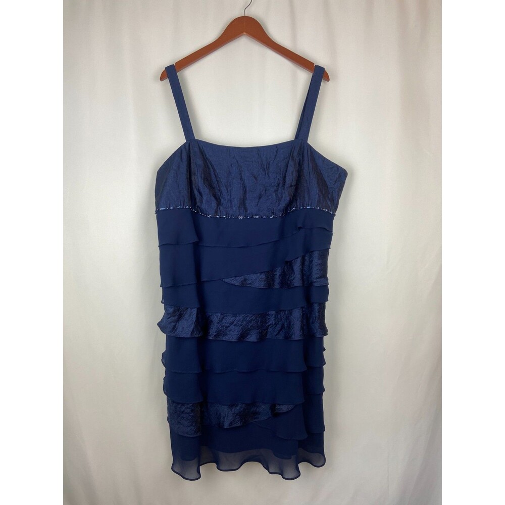 SL Fashions Women's 22W Blue Tiered Cocktail Midi Dress Ruffles Beaded Y2K Party